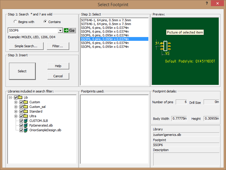 A Select Footprint dialog box ready for the binding process
