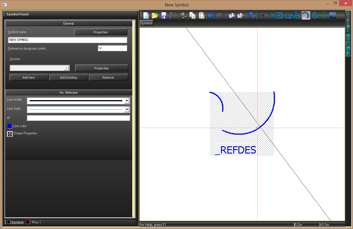 The symbol editor with the Arc tool selected